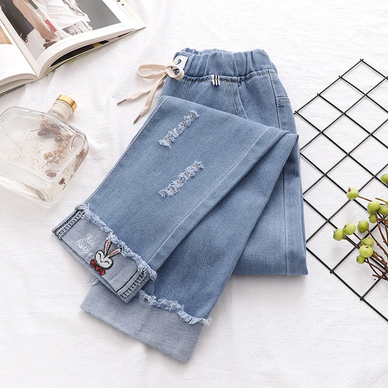 

Rabbit Embroidery Denim Jean Women High Waist Jeans Denim Preppy Style Trousers Mujer Cute Casual Jeans Straight Student Pant