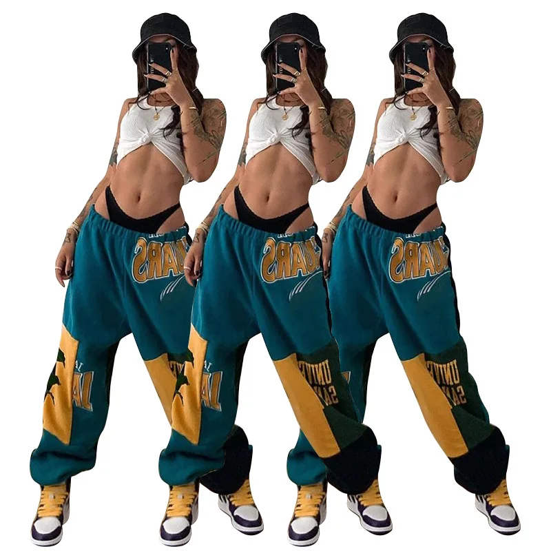 

2021 Summer New Women's Fashion Trend Stitching Text Embroidery Sweatpants