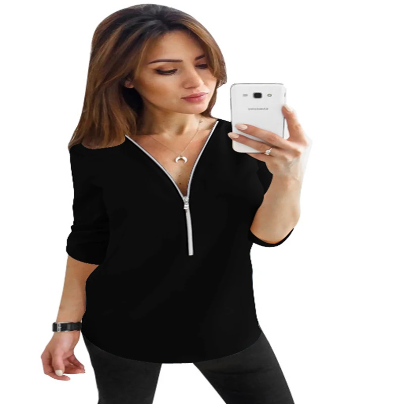 

Women Zipper Long Sleeve Shirt Sexy V-Neck Solid Women Tops Blouses Casual Tee Shirts Tops Female Clothes S-5XL Size