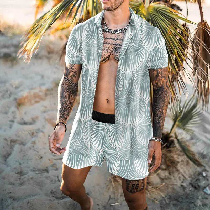 

2021 New Fashion Men Sets National Style Hawaiian printing Mens Short Sleeve Set Summer Casual Floral Shirt Beach Two Piece Suit