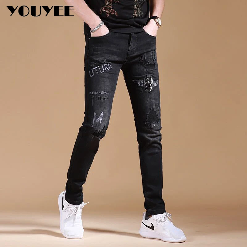 Мужские рваные Стрейчевые джинсы с вышивкой Классические летние зауженные 2020