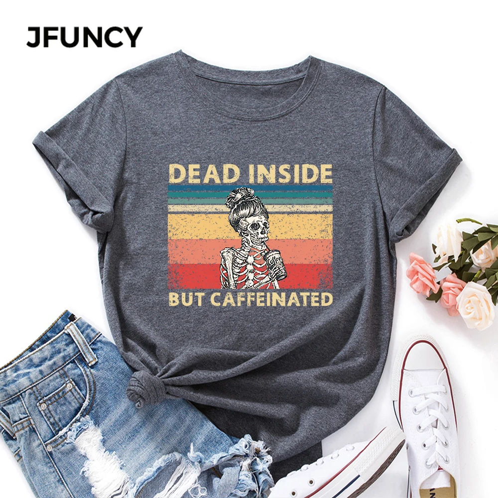 JFUNCY  Women T-shirt Female Short Sleeve T Shirt Funny Skeleton Print Tops Woman Loose Shirts Summer Cotton Clothes