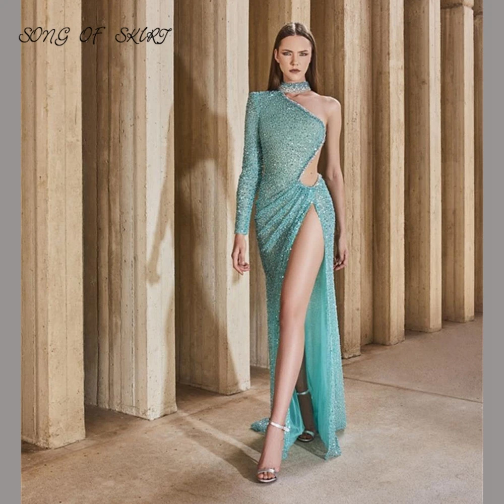

Luxurious Beading Women Evening Dresses High Split Hollow Strapless Show Waist Sexy Part Prom Gown Robe De Soirée Femme