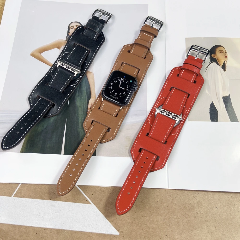 

Cuff Strap for Apple Watch Band 44mm 42mm 40mm 38mm Leather Bracelet Belt for iWatch Series SE 6 5 4 3 2 1 Watchband Replacement