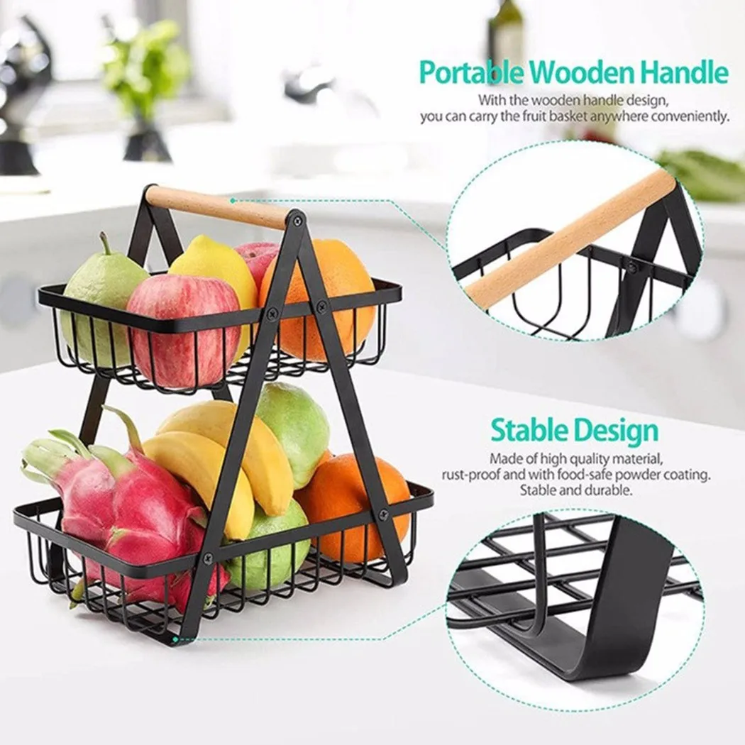 

Nordic Folding Double-layer Portable Wrought Iron Basket Kitchen Storage Basket Rack For Fruits Vegetables House