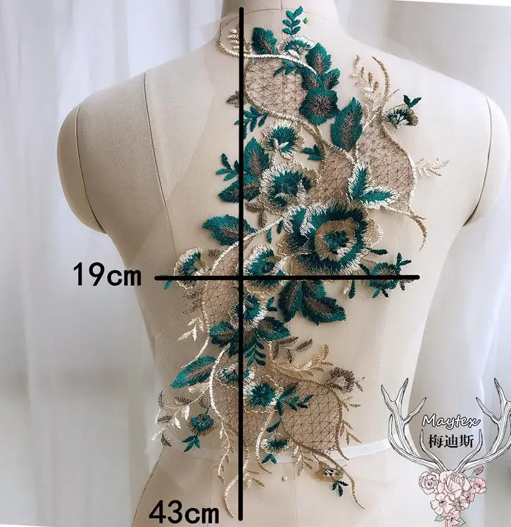 1 Piece Very High Quality Lace Fabric Green Gold Leaf Floral Embroidered Lace Applique DIY Wedding Dress Accessories Handmade