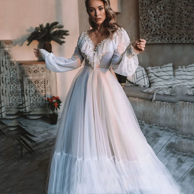 

V Neck Tiered Tulle Princess Wedding Dress Custom Made Long Puffy Sleeves A Line Transparent Back Pearls Bridal Gowns Plus Size