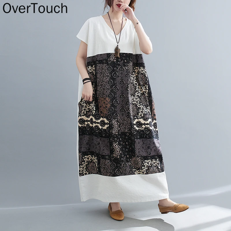

Plus Size Summer Dress Women Sundress Beach V-Neck Fashion Print Long Dresses Patchwork Casual Loose Oversize 4XL 2021