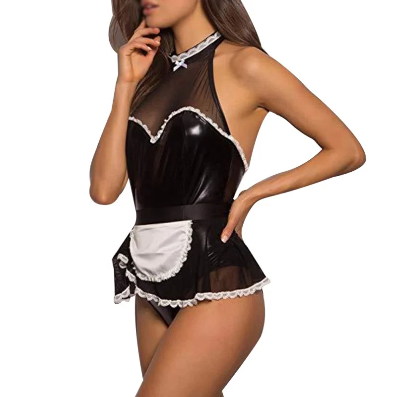 2019 Новое сексуальное женское белье Косплей Униформа PU горничной наряд Сетчатое