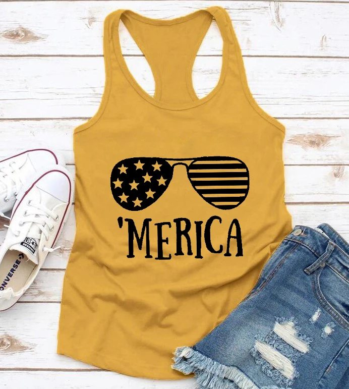 4th of July vest Merica tees Funny the Stars and Stripes glasses tank top women casual summer style shirt beach holiday tops | Женская