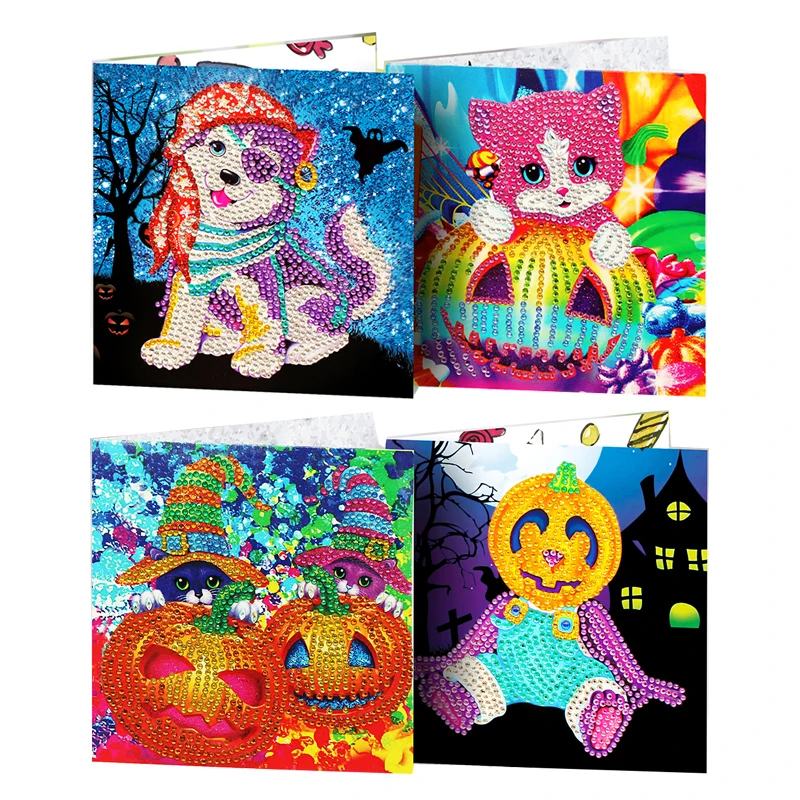 4 шт. Алмазная картина открытки на Хэллоуин для детей с мультяшными животными DIY