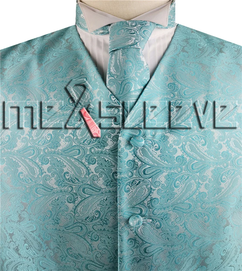 Жаккардовый Пейсли жилет с галстуком+ платок - Цвет: turquoise