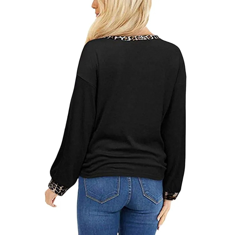 

Spring Summer Women Casual T Shirts V Neck Leopard Stitching Tops Long Sleeved T-shirt for Lady Female Crop Top Ladies Shirt