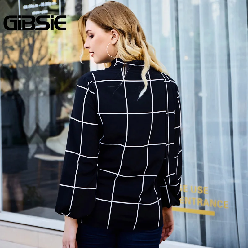 Женская блузка-чокер GIBSIE элегантная офисная блузка в клетку с длинным рукавом и