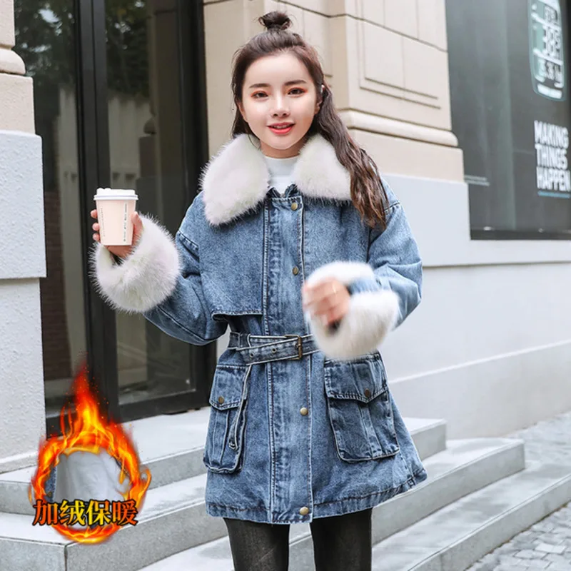 Зимняя женская теплая джинсовая куртка из овечьей шерсти модное длинное пальто с