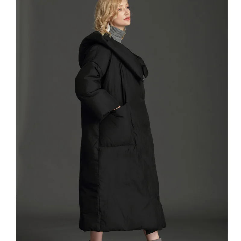 Пуховик женский длинный с капюшоном размера плюс теплый 90% пуха белой утки 2020 7xl