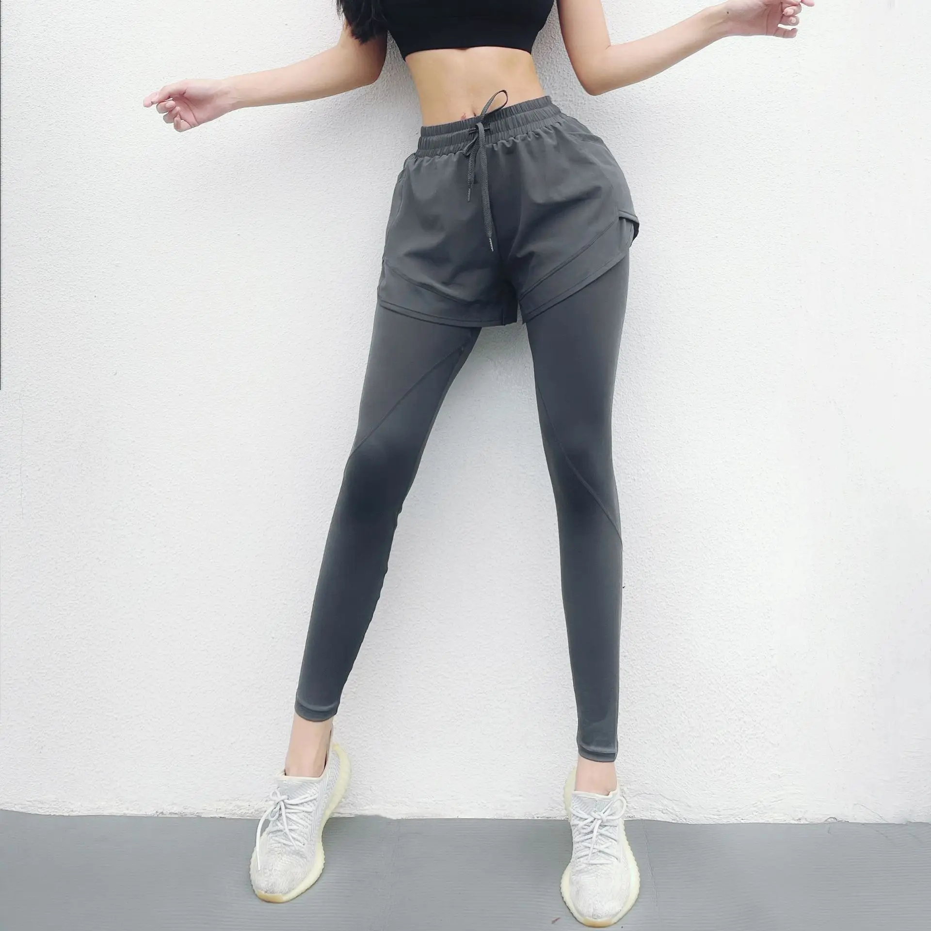 Sport Leggings Women Fake Two-Piece Yoga Pant With Pocket High Waist Gym Fitness Workout Tights Drawstring Running Trouser Femme