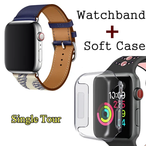 Herm логотип на застежке Свифт кожаный двойной один тур часы ремешок для Apple Watch серии 5 4 3 44 мм 40 мм браслет для iWatch - Цвет ремешка: Encre Beton