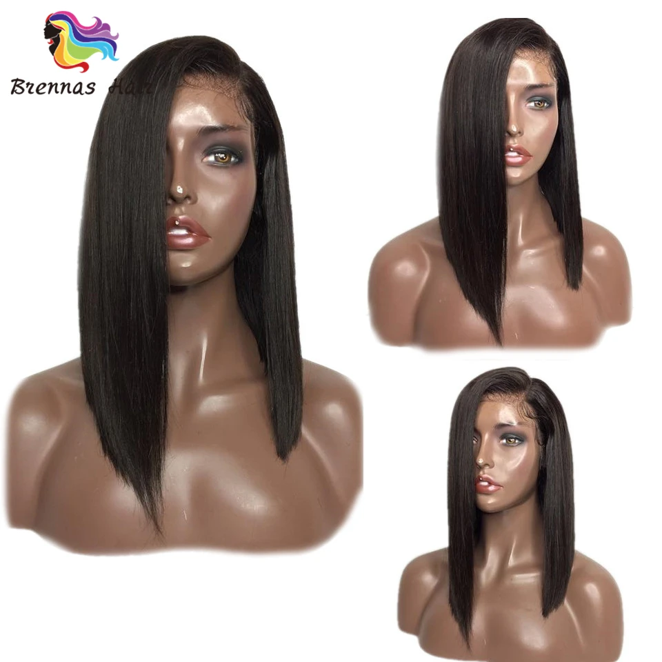 Бразильские человеческие волосы Remy, боковая часть, короткий Боб, парик на кружеве, отбеленные узлы с детскими волосами, натуральный черный цвет для женщин