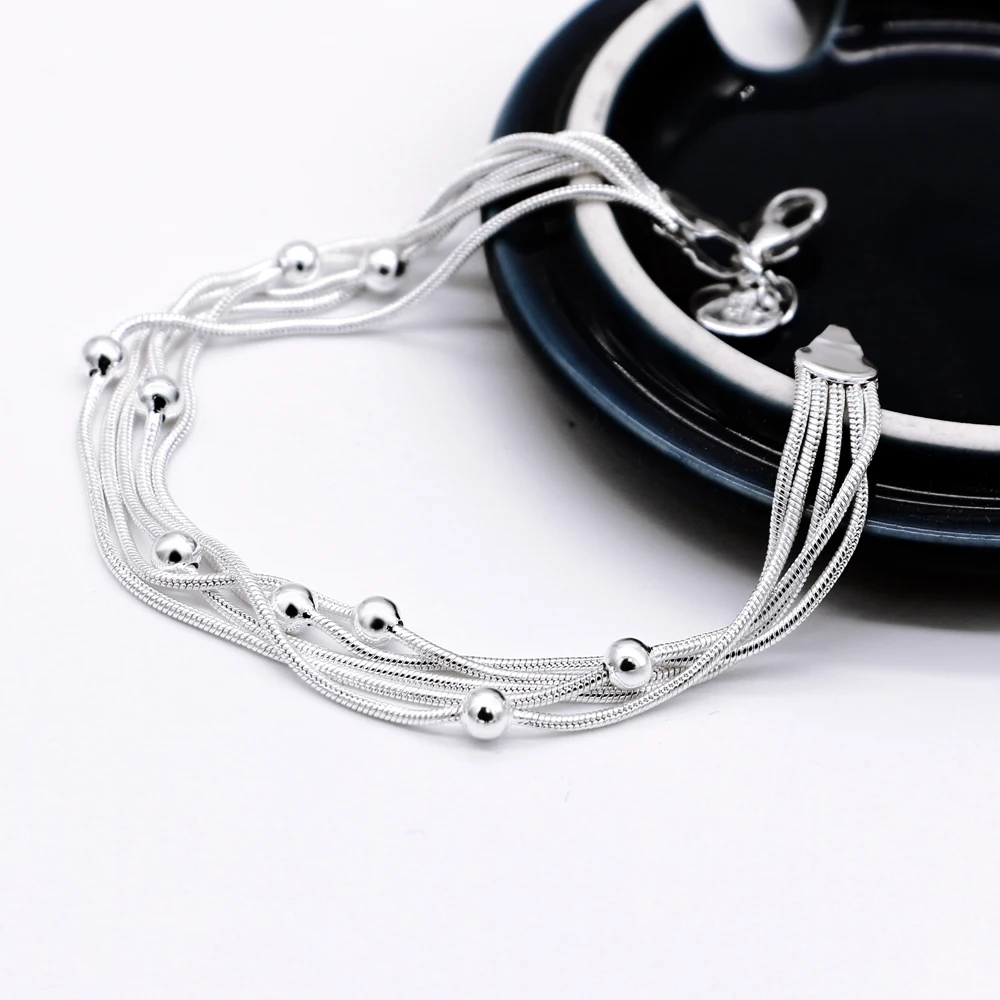 

925 Sterling Silver Five Lines Snake Chain Fashion Charm Bracelet for Women Lucky Round Bead Female Jewelry Gift