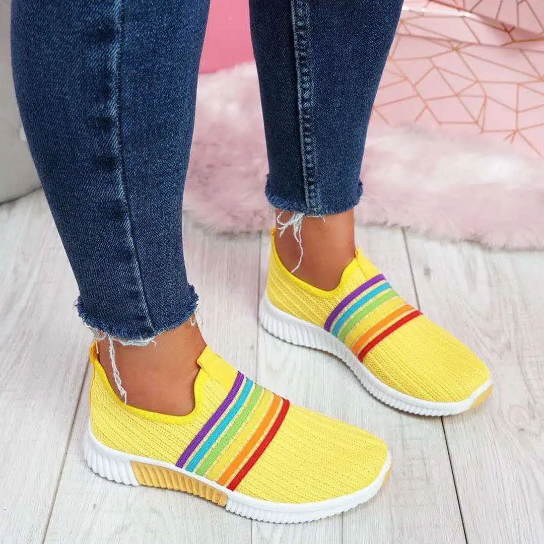 

2020 New Fashion Women Sneakers Rainbow Color Knitted Mesh Vulcanize Shoes Leisure Shoes Low-top Summer Casual Ladies Shoes Girl