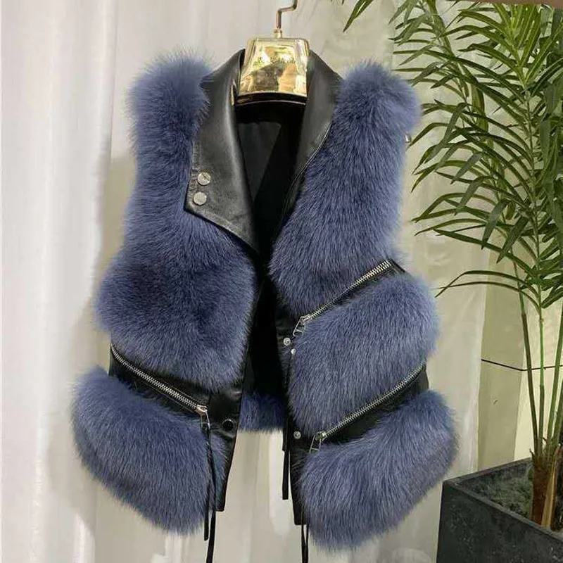 Faux Fox Fur Vest Waistcoat Leather Jacket Women 2021 Autumn Winter Fluffy Coat Jacket Biker Slim Fashion Fourrure Femme Trend
