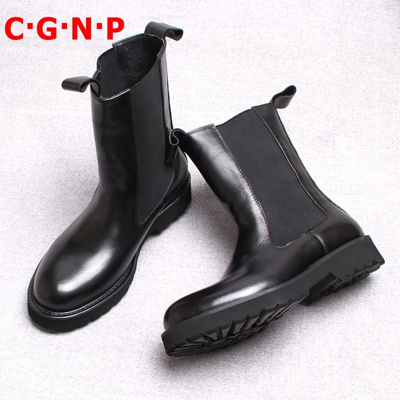 

C·G·N·P New Arrival Round Toe Fashion High-top Genuine Leather Men Shoes Black Winter Chelsea Boots Handmade Mens Riding Boots