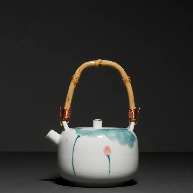 

Chinese Kungfu Tea Porcelain Teapot Japanese Style Loop-Handled Teapot With Lifting Handle Simple Style Handed Painted Lotus