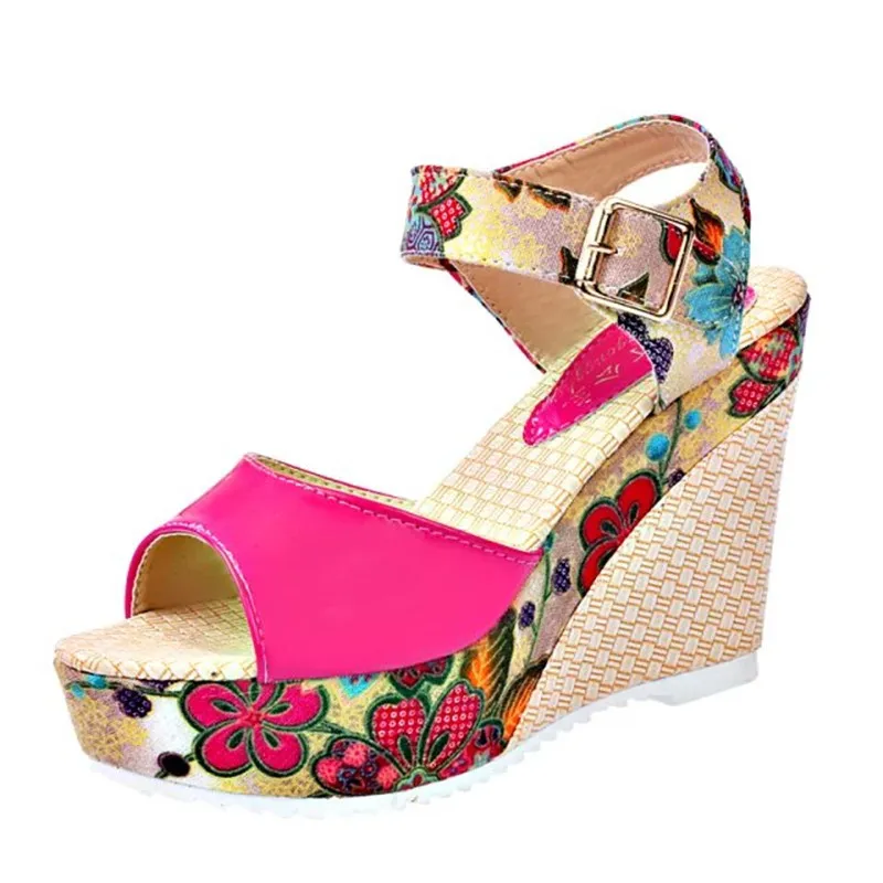 

QZ40 Sandals Women 2021 Summer Shoes PU Fish Mouth Ankle Buckle Strap Wedges Printing Platform High Heel Party Kawaii Shoes