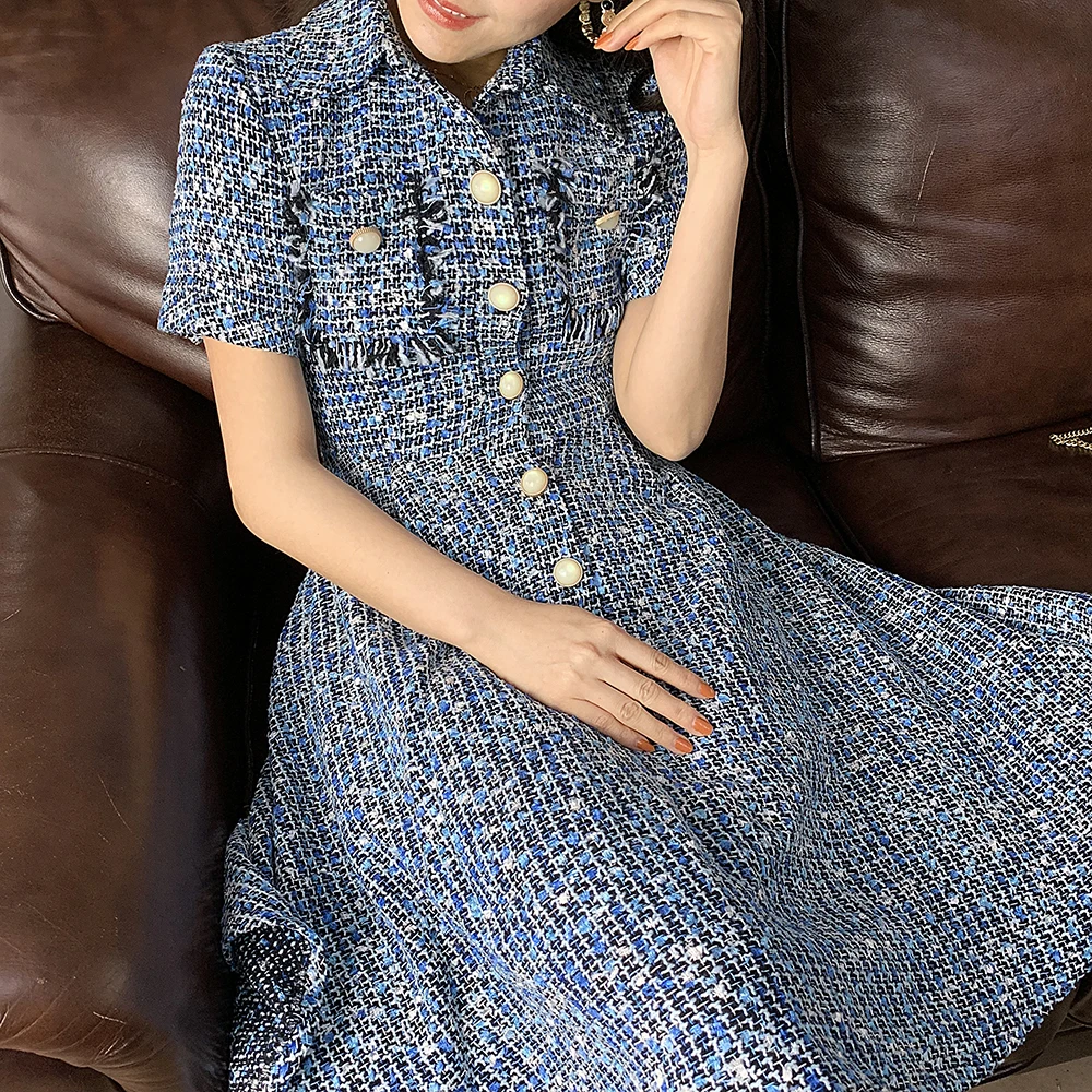 

France Style women's elegant A-line Pockets dress 2020 Spring Autumn Women brand new high quality short sleeve tweed dress B920