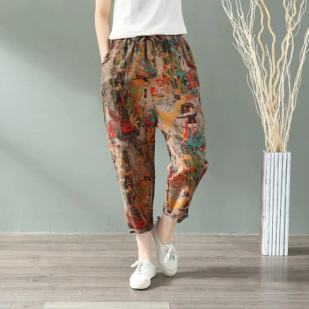 

Vintage Printed Pants Women's Autumn Trousers Cropped Pants Pattern Skin Friendly Ethnic Women Ninth-length Pants for Dating