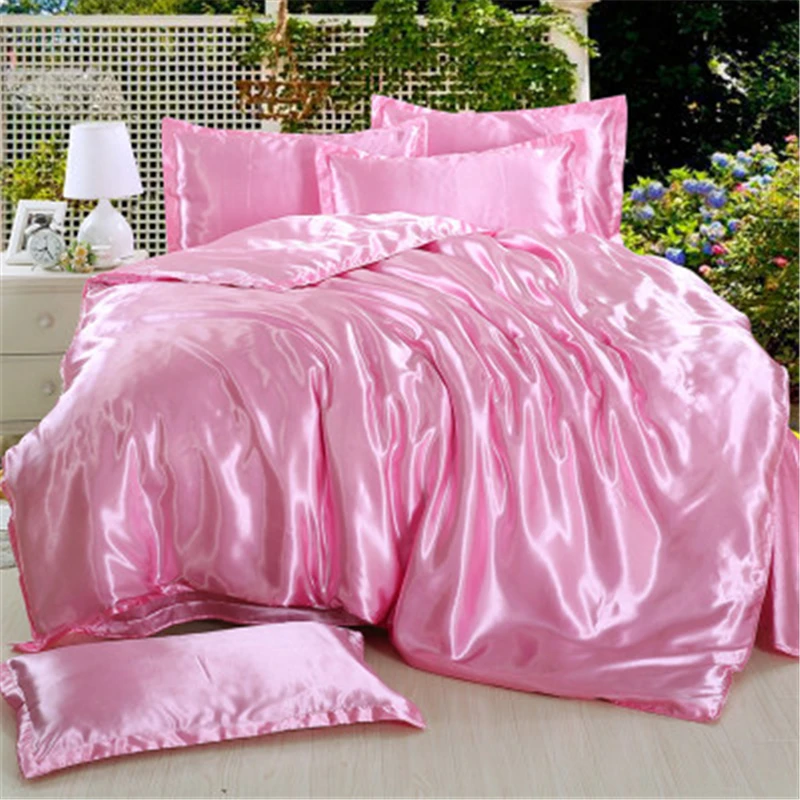 

Solid Color Siliver Satin Silk Luxury Cool Bedding Set for Summer with Duvet Cover Flat Sheet Pillowcase King Size 4pcs Set