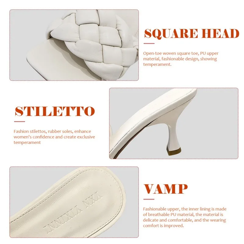 

KANCOOL Summer Non-slip Outside Slippers For Women PU Leather Weave Square Toe Female Casual High heeled Sandals Plus Size
