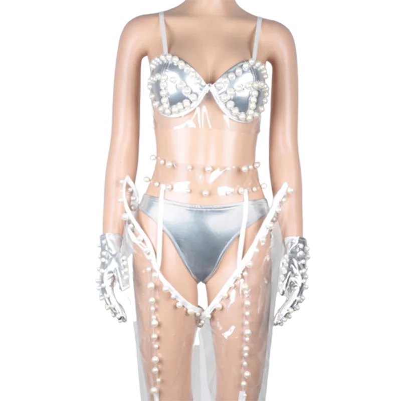 

Stage Costumes For Singers White Pearl Bikini Set Pole Dancing Performance Clothing Nightclub Rave Outfit Dj Party Wear DN5790