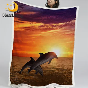BlessLiving Jumping Dolphin Bed Blanket Marine Life Plush Bedspread Beautiful Sunset Custom Blanket 3D Print Ocean Sea Bedding 1