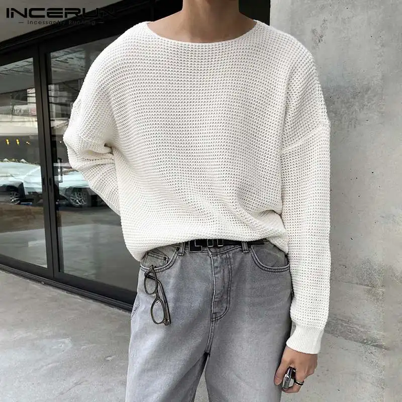 Tops 2021 Men's Fashion Loose Long-sleeved Bottoming Tees Hollow Round Neck Casual Streetwear Solid Color T-Shirts S-5XL INCERUN