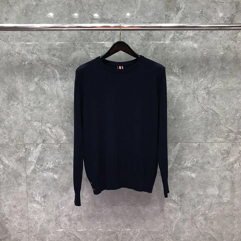 TB THOM Mens' Sweater Autunm Winter Sweaters Male Fashion Brand Coats Center Back Stripe Crewneck Pullover Navy TB Sweaters