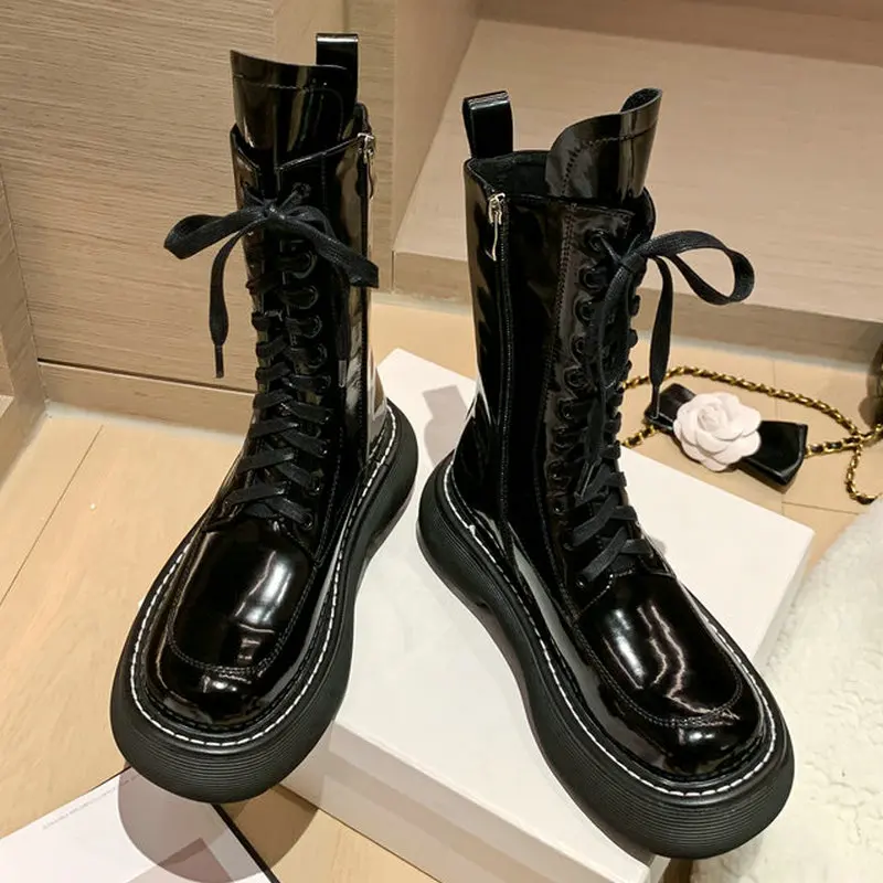 spesifikasi ESVEVA 2022 Sepatu Bot Berkendara Hak Med Tali Kulit Asli Ringkas Baru Sepatu Musim Dingin Wanita Ukuran 34-39