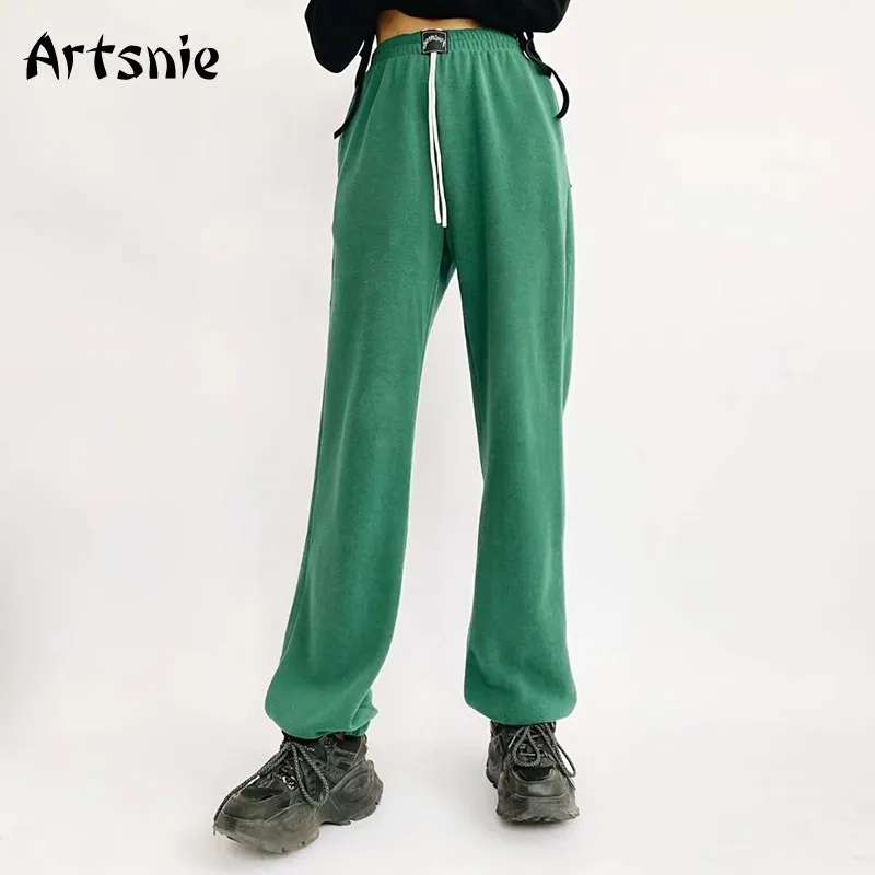 

Artsnie Streetwear Fleece Harem Pants Women Drawstring High Waist Trousers Femme Autumn Army Green Long Pants Ladies Sweatpants