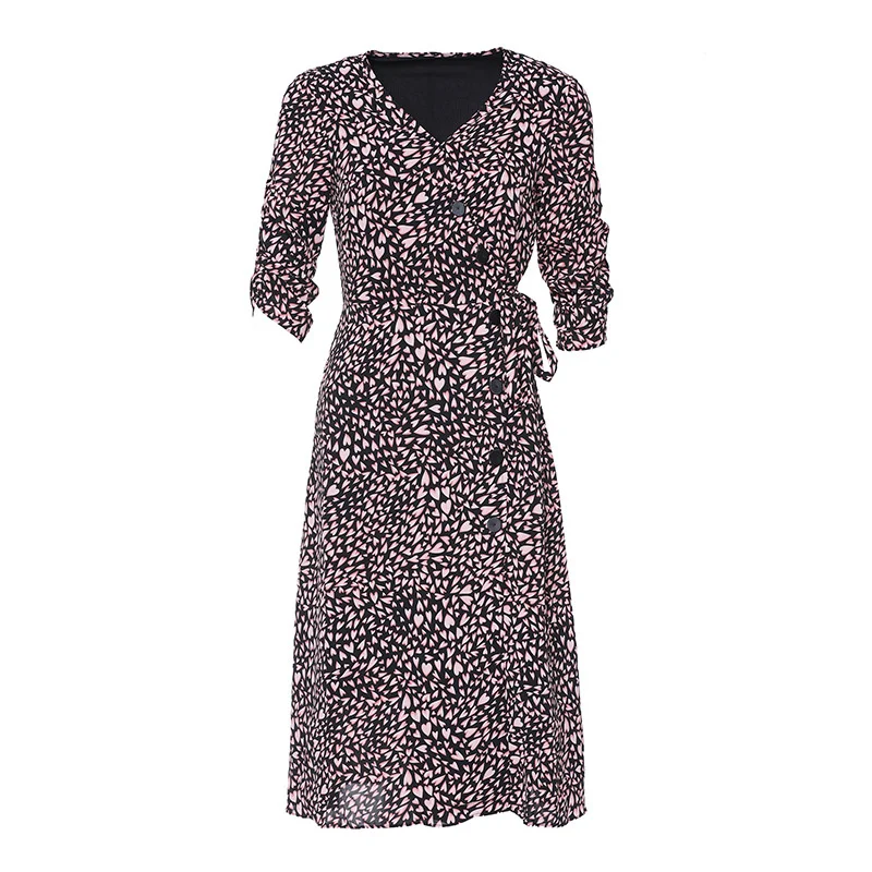 

2021 Summer Top Brand Dress for women's heart-shaped print V-neck five-point sleeves lace-up single-breasted slimming dress K244