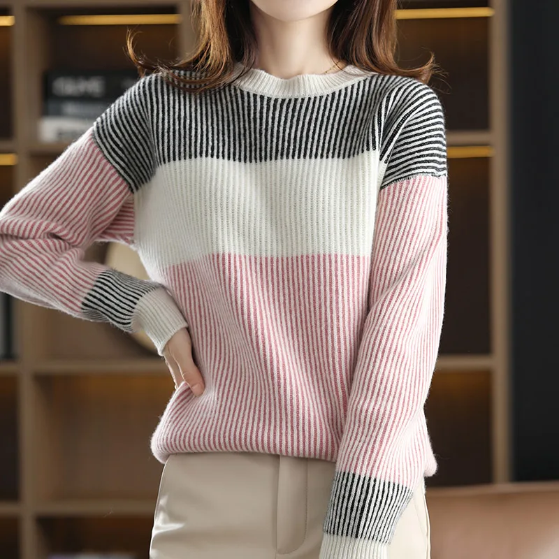 Autumn Winter Thick Pure Wool Pullover Women's Round Neck Loose Long Sleeves New Drop Shoulder Sleeves Warm Sweater Knitted Top