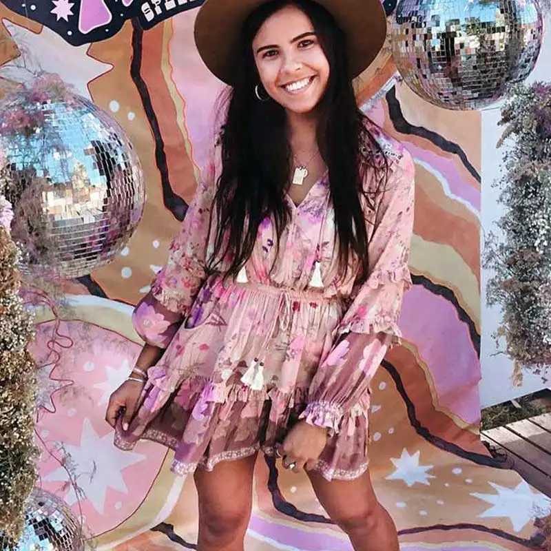 Богемный Вдохновленный цветочный с длинным рукавом мини платье женское