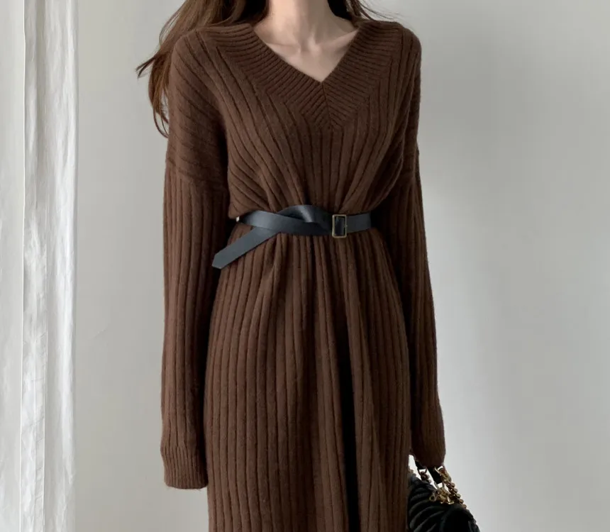 

V-neck Knitted Dresses Women 2020 Korean Vintage Elegant Autumn Winter Sweater Dress Waistband Solid Long Sweater