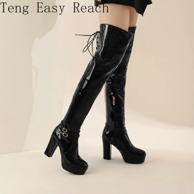 

Пикантные Клубные Свадебные сапоги до бедра из лакированной искусственной кожи на высоком каблуке для стриптиза ботфорты на платформе раз...