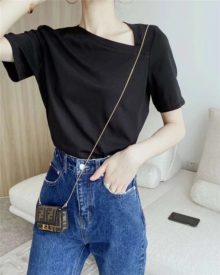 

2021 new summer design short-sleeved T-shirt women's high-grade oblique neckline loose thin ins tide top