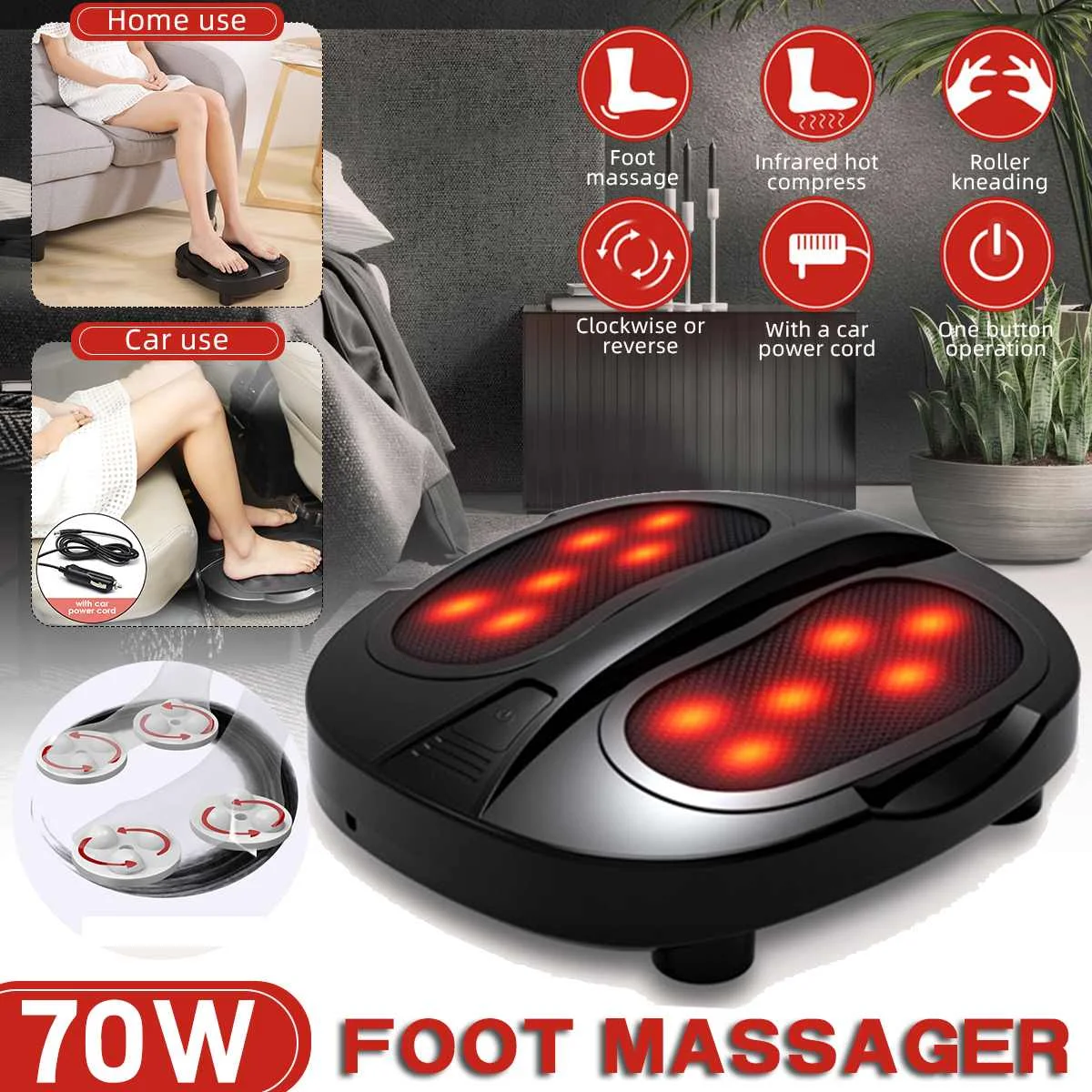 

100-240V Car Electric Heating Foot Massager Heat Therapy Relaxation Kneading Roller Shiatsu Foot Massage Machine for Relief Leg