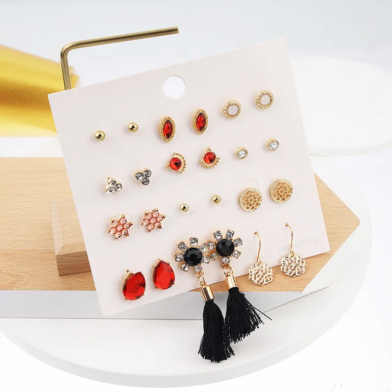 12 пар/уп. новые модные серьги гвоздики с кристаллами набор черных сережек