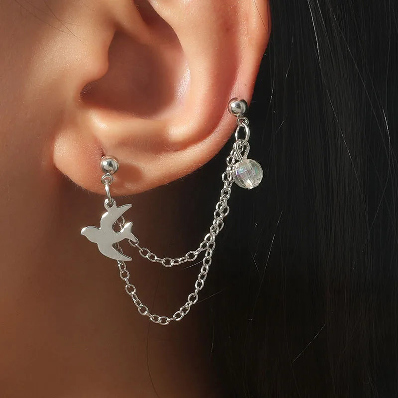 

Retro Simple Swallow Stud Two Hole Piercing Earrings For Women Metal Punk Double Ear Hole Earrings Tassel Chain Jewelry Gifts