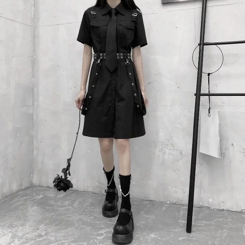 

QWEEK Gothic Style Shirt Dress Women 2021 Fashion Korean Style Short Sleeve Black Dress Summer Streetwear Women Hip Hop Diablo