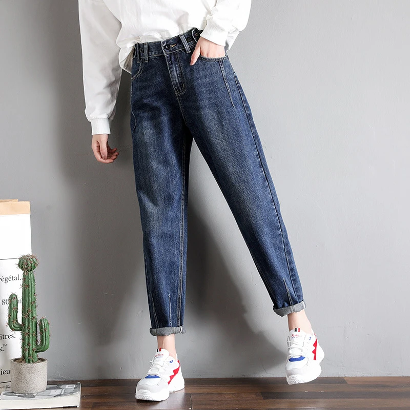 Navy blue Весна осень зима джинсы женские модные повседневные плюс бархат высокая талия джинсы размера плюс femme Джинсы женские джинсы свободные шаровары - Цвет: Navy blue
